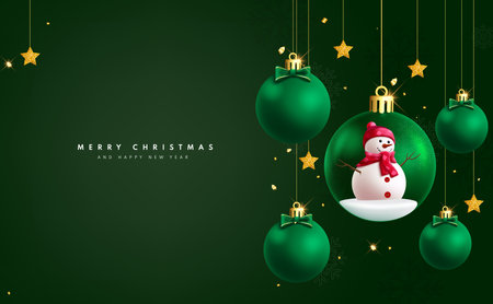 Christmas balls green vector design. Merry christmas and happy new year greeting text with green balls and snowman character hanging in elegant background. Vector illustrationのイラスト素材