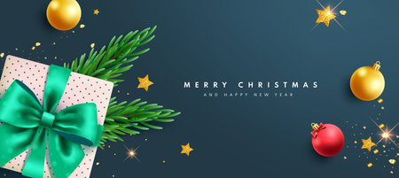 Merry christmas greeting text vector banner. Christmas and happy new year greeting card with gift box and xmas balls decoration elements. Vector illustration holiday invitationのイラスト素材