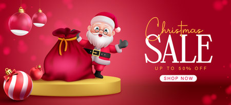 Christmas sale podium vector banner design. Christmas santa claus character with gift sack elements in podium stage promo display promotion banner. Vector illustration xmasのイラスト素材