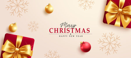 Merry christmas text vector design. Christmas and happy new year greeting card with gift box, snowflakes and xmas balls decoration elements for seasonal background. Vectorのイラスト素材