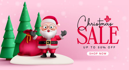 Christmas sale text vector banner design. Christmas santa claus character with gift sack and pine tree decoration elements for holiday season shopping sale background. Vectorのイラスト素材