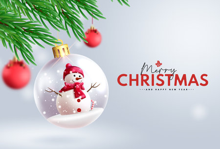 Merry christmas greeting text vector design. Christmas greeting card with snowman character in xmas glass balls hanging in winter background. Vector illustration holiday seasonのイラスト素材