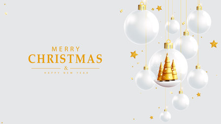 Christmas balls white vector design. Merry christmas and happy new year greeting text with glass and transparent balls and gold pine tree decoration elements. Vector illustrationのイラスト素材
