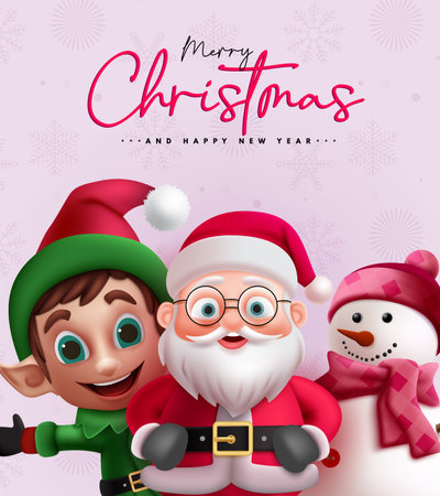 Merry christmas greeting text vector design. Christmas greeting card with santa claus, reindeer and snowman characters for holiday season invitation card background. Vectorのイラスト素材