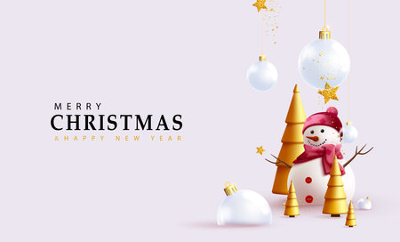 Merry christmas and new year greeting vector design. Christmas greeting card with snowman, fir tree and hanging xmas glass balls  for winter season background. Vector illustrationのイラスト素材