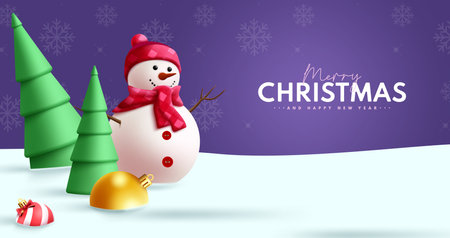 Merry christmas text vector design. Christmas and happy new year greeting card with snowman character in winter outdoor season background. Vector illustration holiday seasonのイラスト素材