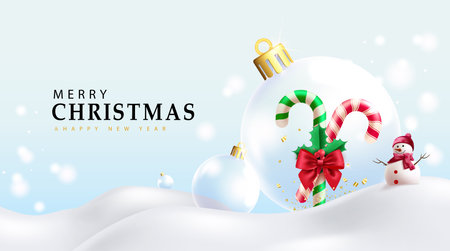 Merry christmas text vector design. Christmas greeting card with candy cane and glass balls xmas elements decoration for winter season background. Vector illustration holidayのイラスト素材