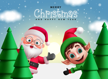 Merry christmas text vector design. Merry christmas and happy new year greeting with santa claus and reindeer characters in outdoor winter snow background. Vector illustration xmasのイラスト素材