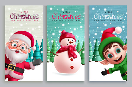 Merry christmas greeting card vector poster set. Merry christmas and happy new year greeting gift tags with santa claus, snowman and reindeer characters for winter seasonのイラスト素材