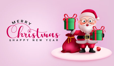 Merry christmas text vector design. Merry christmas and happy new year greeting card with santa claus character holding gift boxes and gift socks for holiday season celebration.のイラスト素材