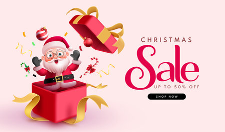 Christmas sale text vector banner design. Christmas shopping discount promo offer with santa claus character in open surprise box xmas decoration. Vector illustration holidayのイラスト素材