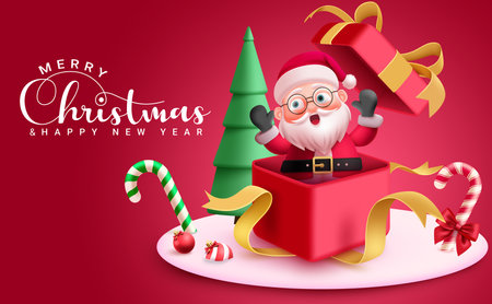 Christmas santa claus character vector design. Merry christmas and happy new year greeting card with santa claus character in open surprise gift box for holiday season redのイラスト素材