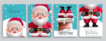 Merry christmas santa claus greeting card vector poster set. Merry christmas and happy new year santa claus character gift tags collection. Vector illustration xmas season greetingのイラスト素材
