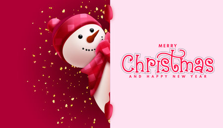 Merry christmas text vector template. Christmas and happy new year greeting card with snow man character and gold confetti ornaments for holiday season background. Vectorのイラスト素材