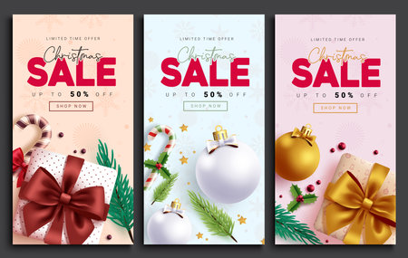 Christmas sale vector poster set. Christmas sale limited time offer text with discount promo holiday season shopping lay out collection. Vector illustration gift voucher discountのイラスト素材