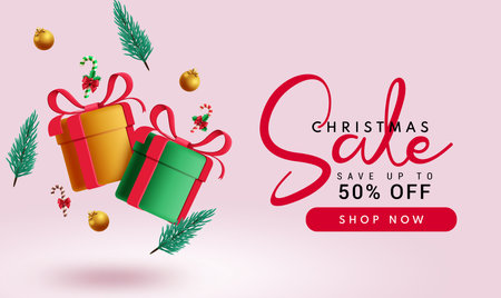 Christmas sale text vector banner design. Christmas discount promo 50% offer with gifts boxes ornaments for holiday season shopping banner background. Vector illustration xmasのイラスト素材