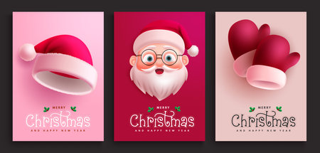 Merry christmas greeting card vector poster set. Christmas santa claus greeting tags collection for holiday season gift tags collection. Vector illustration xmas and new year santaのイラスト素材