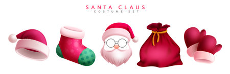 Christmas santa claus costume vector set. Santa claus christmas character costume collection like socks, hat, beard, sacks and gloves elements in white background. Vectorのイラスト素材