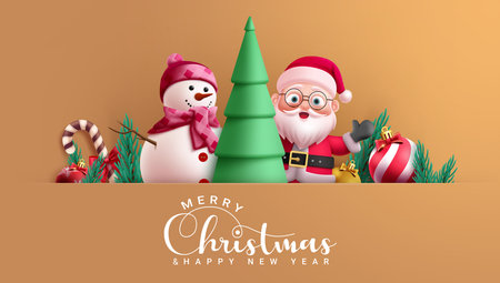 Christmas characters vector template design. Merry christmas and happy new year greeting card with santa claus and snowman characters for holiday season elegant background. Vectorのイラスト素材