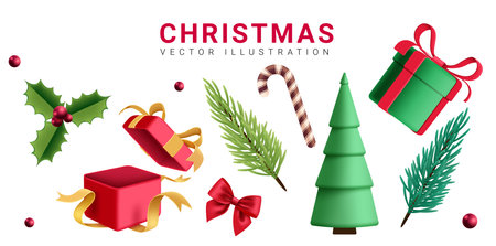 Christmas elements vector set design. Christmas elements like gift, holly berry, spruce and pine tree decoration ornaments in white background. Vector illustration xmas elementsのイラスト素材