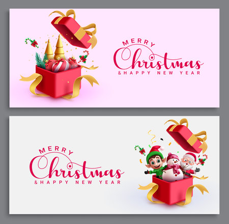 Merry christmas greeting card vector set design. Christmas and new year greeting card with xmas characters and gift boxes decoration elements in elegant banner design. Vectorのイラスト素材