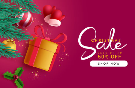 Christmas sale text vector banner design. Merry christmas holiday season sale for shopping discount card and flyers background. Vector illustration xmas seasonal promotion design.のイラスト素材