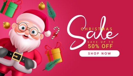 Christmas sale santa claus vector banner. Christmas sale discount promo offer text with santa claus character and gift boxes elements in red elegant background. Vector illustrationのイラスト素材