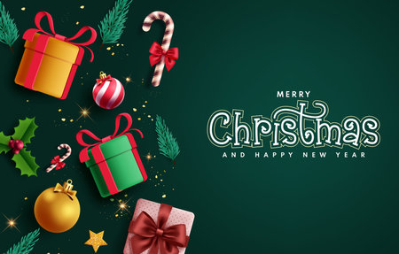 Merry christmas greeting card vector design. Christmas and happy new year text with gifts, balls, candy cane and spruce ornaments decoration elements in elegant green background.のイラスト素材
