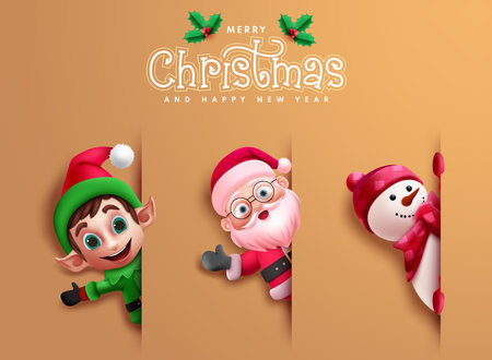 Christmas characters vector design. Merry christmas and happy new year greeting card with santa claus, reindeer and snowman cute smiling characters in elegant background. Vectorのイラスト素材