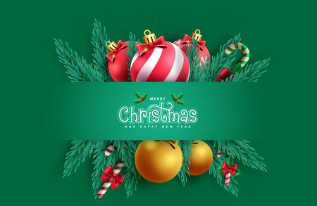 Merry christmas greeting green card vector design. Christmas and happy new year greeting card with xmas balls, candy cane and pine tree spruce decoration elements in green elegantのイラスト素材