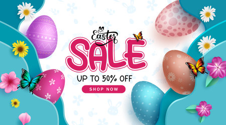 Easter sale text vector banner design. Easter season sale with colorful eggs and flowers decoration for seasonal promotion ads background. Vector illustration easter promo discountのイラスト素材