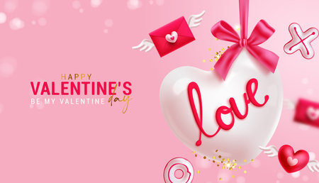 Valentine's day heart balloon vector design. Happy valentine's day greeting card with heart balloon hanging and xo love sign decoration elements. Vector illustration valentineのイラスト素材