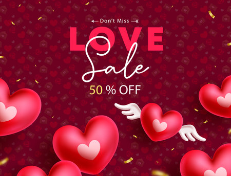 Valentine's love sale text vector banner. Valentine's day promo discount special offer with hearts balloons decoration elements in flower pattern background. Vector illustrationのイラスト素材