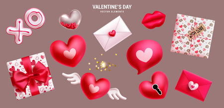 Valentine's day love elements set design. Valentine's element heart balloons, gift boxes, love letter and xoxo decoration elements collection. Vector illustration hearts day loveのイラスト素材