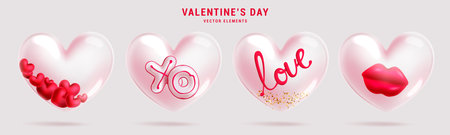 Valentine's heart transparent vector set design. Valentine's heart balloon in transparent, bubbles and translucent inflatable for love celebration elements collection. Vectorのイラスト素材