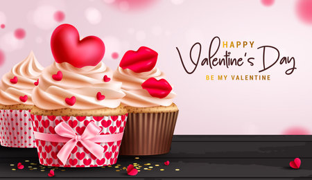 Happy valentine's day text vector design. Valentine's day cup cake sweet dessert decoration elements for season greeting card background. Vector illustration hearts day invitationのイラスト素材