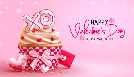 Happy valentine's day vector design. Valentine's day cupcake sweet dessert with heart and ribbon decoration for holiday season greeting card background. Vector illustration heartsのイラスト素材