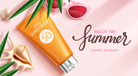 Summer sunscreen protection vector banner. Summer sunblock lotion products advertisement for tropical season brochure promotion design. Vector illustration summer sunscreen banner.のイラスト素材