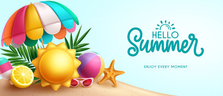 Summer hello greeting vector banner design. Hello summer greeting text with umbrella, sun, beachball and starfish beach elements in seaside background. Vector illustration summerのイラスト素材