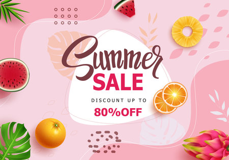 Summer sale vector banner design. Summer sale text in abstract space with watermelon, pineapple and orange tropical fruits decoration elements. Vector illustration summer shoppingのイラスト素材