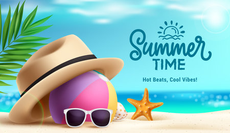 Summer time vector design. Summer time text with hat, beachball and sunglasses in seashore and seaside decoration elements for tropical season vacation background. Vectorのイラスト素材