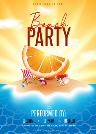 Summer beach party text vector poster design. Beach party invitation card with orange slice elements for hot performance event celebration template. Vector illustration summerのイラスト素材
