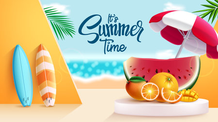 Summer time text vector design. It's summer time greeting text with watermelon, orange and surfboard elements in podium stage for product presentation design. Vector illustrationのイラスト素材