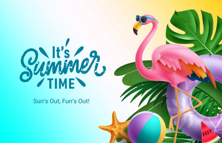 Summer time text vector design. It's summer time greeting text with pink flamingo wearing sunglasses, floater, beachball and green leaves decoration elements. Vector illustrationのイラスト素材