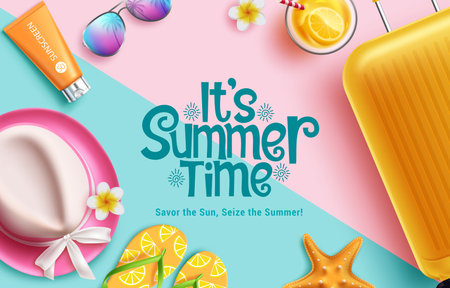 Summer time greeting vector design. It's summer time greeting text with yellow luggage bag, pink...
