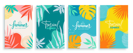 Summer tropical text vector poster set. Summer tropical leaves elements decoration in abstract background for seasonal flyers and tags template. Vector illustration summer tropicalのイラスト素材