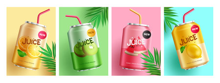 Summer juice drink vector set design. Juice drink in can collection with orange, kiwi, watermelon and juice flavors for summer 3d realistic soda refreshment design. Vectorのイラスト素材