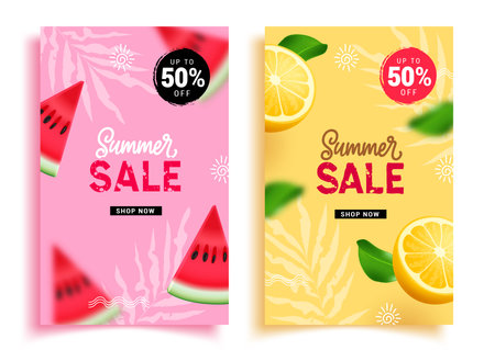 Summer sale text vector poster set. Summer season promotion offer with watermelon and orange tropical fruit elements for seasonal shopping advertising collection. Vectorのイラスト素材