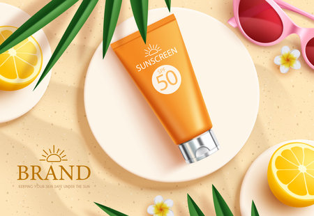 Summer sunscreen vector template design. Summer sunblock lotion with spf 50 for hot sun protection product promotion advertisement. Vector illustration summer sunscreen ads.のイラスト素材