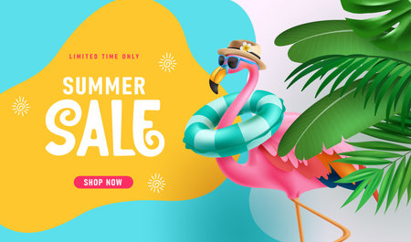 Summer sale text vector banner design. Summer limited time offer discount text with pink bird flamingo elements for tropical shopping promotion background. Vector illustrationのイラスト素材